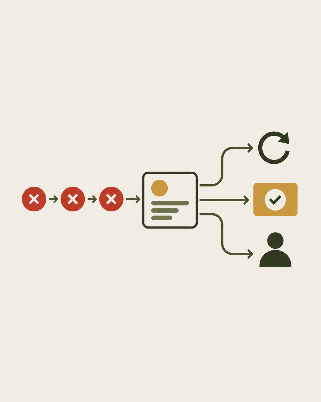 Text-free diagram: repeated errors enter a context card, then route to retry, contextual help, or human support.